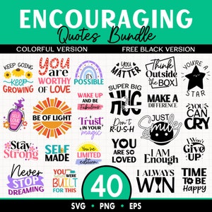 Paquete SVG de citas inspiradoras, versión colorida y en negro, 40 PNG inspiradores, palabras positivas, diseños de sublimación, descargas digitales