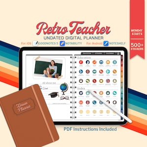 May include: A digital planner for teachers with a retro design. The planner is undated and includes 500+ stickers. The planner is compatible with GoodNotes 5, Notability, and Noteshelf apps. The planner includes sections for education, stickers, and a calendar. The planner also includes a lesson planner, an all about me section, and an index.