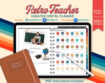 Retro Teacher Undated Digital Planner, Goodnotes Android iPad Lesson Planner, Daily Weekly Digital Journal, Notability Planner, Hyperlinked