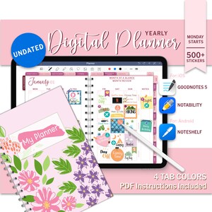 Colorful Yearly Digital Planner, Undated Daily Weekly Monthly Digital Planner, App Goodnotes iPad and Android Planner, Digital Stickers Pack