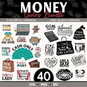 Pakiet Money Quotes SVG, Kolorowa i czarna wersja, Inspirujące PNG, Słowa o produktywności, Projekty sublimacji, Pobieranie cyfrowe