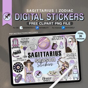 May include: A digital sticker set featuring Sagittarius zodiac signs, symbols, and quotes. The stickers are in a purple, pink, and gold color scheme and include phrases like "Always on the Sunny Side", "Adventure Awaits", "Totally Sagittarius", "Sagittarius Season Stickers", "Brave Spirit", and "Everything is Possible, Even the Impossible".