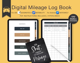 Digital Mileage Log, Vehicle Maintenance Tracker, Car Trip Odometer, Fuel Logbook, Digital Notebook Journal, Goodnotes Android iPad Planner