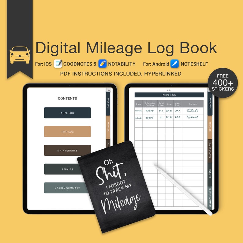 Digital Mileage Log, Vehicle Maintenance Tracker, Car Trip Odometer, Fuel Logbook, Digital