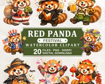Red Panda Festival Watercolor Clipart, 20 PNG Files, Seasonal Celebration Art (Digital Download)
