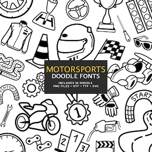 Könnte beinhalten: Schwarz-weiße Doodle-Illustrationen verschiedener Motorsport-Elemente, darunter ein Rennwagen, ein Motorrad, ein Helm, eine Zielflagge, eine Trophäe und eine Ziellinie. Der Text "MOTORSPORTS DOODLE FONTS" befindet sich in einem gelben Kasten mit schwarzem Text. Der Text "INCLUDES 26 DOODLE PNG FILES + OTF + TTF + SVG" befindet sich in einem kleineren schwarzen Kasten unter dem gelben Kasten.