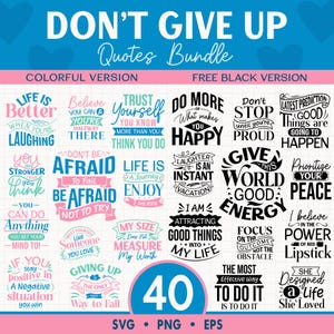 Pacote SVG com citações "Não desista", versão colorida e preta, PNG positivo, palavra de produtividade, designs de sublimação, downloads digitais