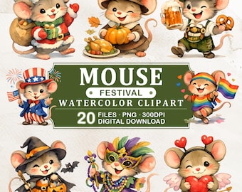 Mouse Festival Watercolor Clipart, 20 PNG Cute Mice Holiday Characters, Animal Celebration Clipart, Transparent Background, Digital Download
