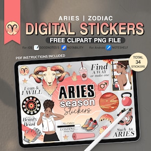 Adesivos digitais da temporada de Áries, 34 PNG engraçados e bem-humorados, clipart pré-cortado para planejador astrológico, celestial, zodíaco, 21 de março a 19 de abril