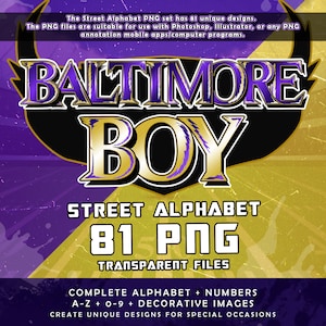Baltimore Boy Graffiti Street Alphabet Font, 81 PNG Transparent, Pakiet clipartów A-Z i 0-9, Motyw futbolu amerykańskiego, Pobieranie cyfrowe