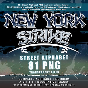 Czcionka New York Strike Graffiti Street Alphabet, 81 przezroczystych plików PNG, pakiet clipartów A-Z i 0-9, motyw czcionki baseballowej, pobieranie cyfrowe