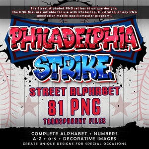 Czcionka Philadelphia Strike Graffiti Street Alphabet, 81 przezroczystych plików PNG, pakiet clipartów A-Z i 0-9, czcionki baseballowe, pobieranie cyfrowe
