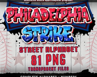 Philadelphia Strike Graffiti Street Alphabet Font, 81 PNG Transparent Files, Clipart Pack A-Z and 0-9, Baseball Fonts, Digitally-Downloads