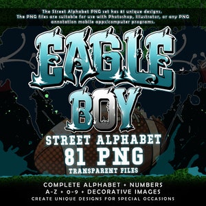 Czcionka Eagle Boy Graffiti Street Alphabet, 81 przezroczystych plików PNG, pakiet clipartów A-Z i 0-9, czcionki do futbolu amerykańskiego, pliki do pobrania w wersji cyfrowej