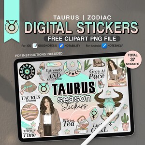 Taurus seizoen digitale stickers, 37 PNG grappig humoristisch, astrologie planner voorgesneden clipart, celestial, sterrenbeeld, 20 april – 20 mei