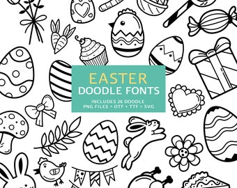 Easter Doodle Fonts, Instant File otf, ttf Font Download, Digital Font Bundle, 26 png Fonts, Eggs Rabbit Clipart Pack, A-Z Clip Art Set