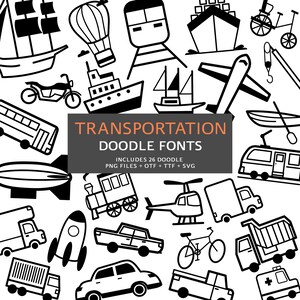 Font doodle sui trasporti, file istantanei otf, download di font ttf, pacchetto di font digitali, 26 font png, pacchetto clipart di viaggio, set di clipart dalla A alla Z
