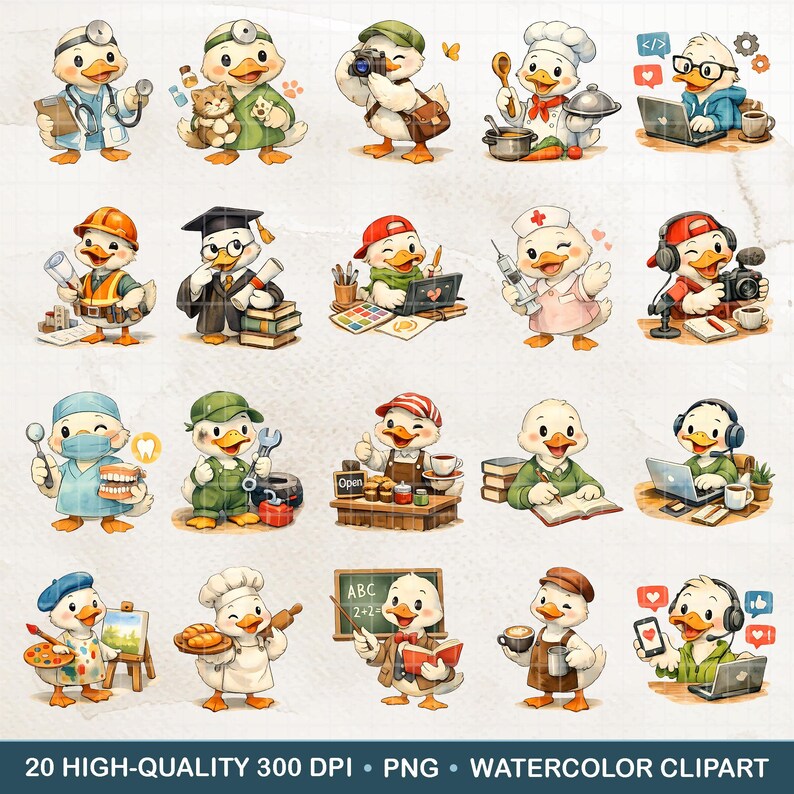 Duck Profession Duck Occupation Watercolor Clipart, 20 PNG Cute Duck Jobs, Animal ...