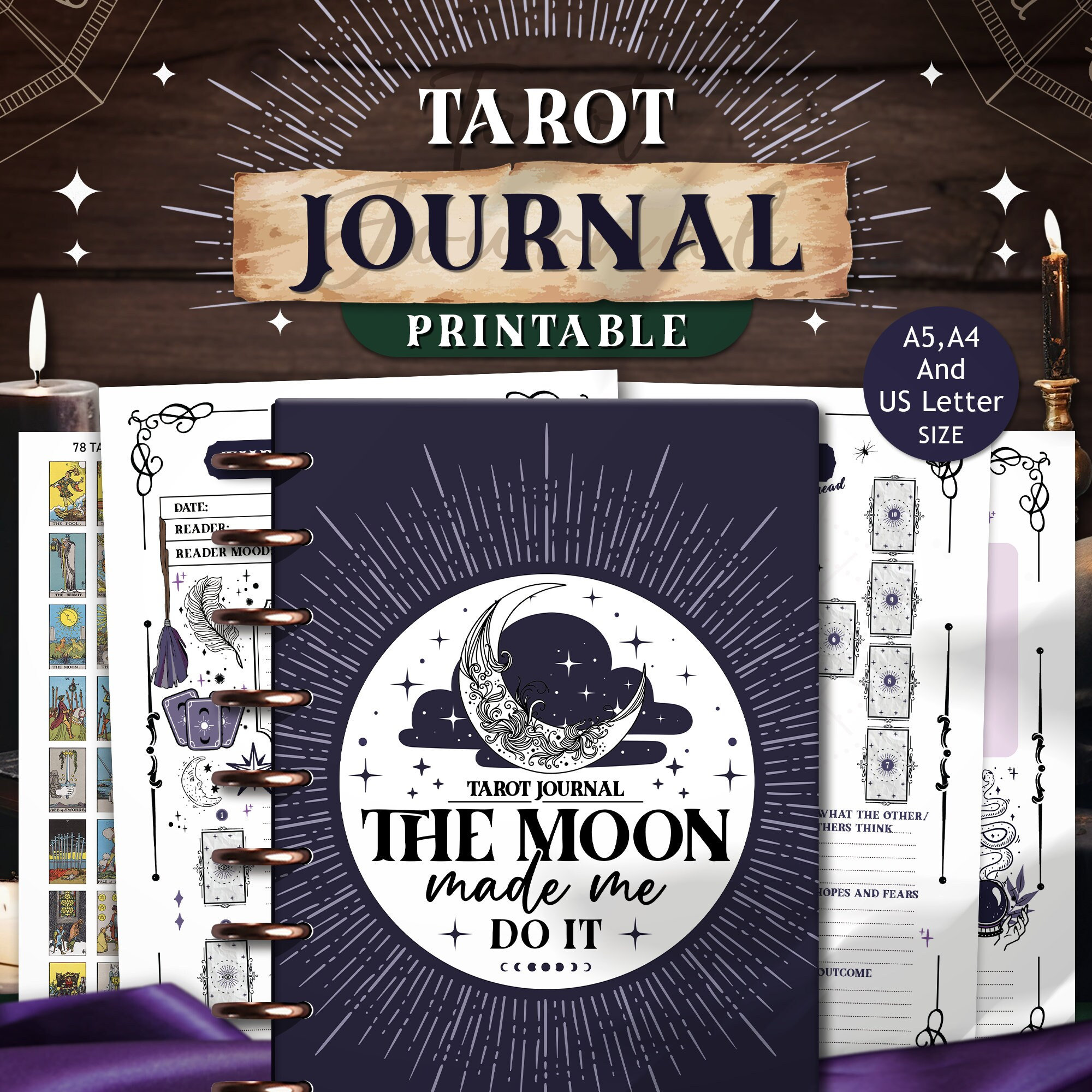 Printable Tarot Journal, The Moon Made Me Do It, Tarot Tracker PDF File for Printing A4, A5, US Letter Size, 78 Celtic Cards Digital Sticker