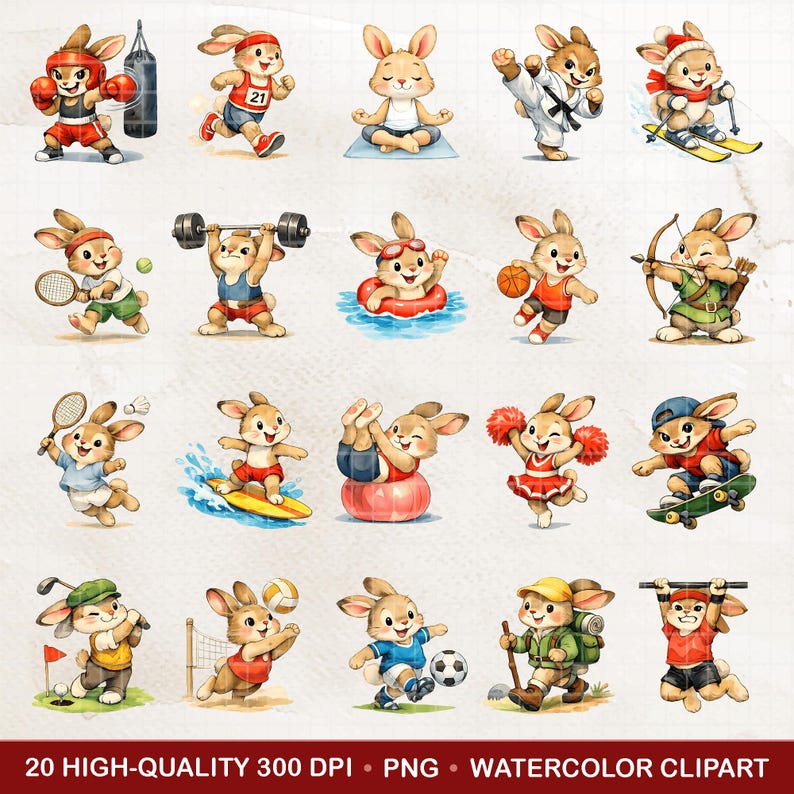 Rabbits Sports Watercolor Clipart, 20 PNG Cute Bunny Playing Sports ...