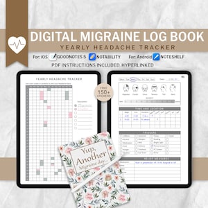 Digitaal migrainelogboek, logboek hoofdpijnverlichting, gezondheidstracker, digitaal notitieboek, Goodnotes Android iPad-planner, tabbladen met hyperlinks