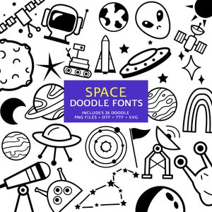 Space Doodle Fonts, Instant File otf, ttf Font Download, Digital Font Bundle, 26 png Fonts, Alien Clipart Pack, A-Z Clip Art Set, Planet