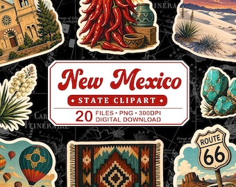 New Mexico Vintage Travel Clipart, White Sands, Adobe Buildings, Route 66, Southwest Retro PNG Illustration Set