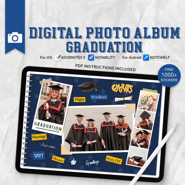Álbum de fotos digital de graduación, álbum de diario de álbumes de recortes, páginas de álbumes de recortes de iPad Android Goodnotes, pegatinas de planificador digital, regalo de graduación