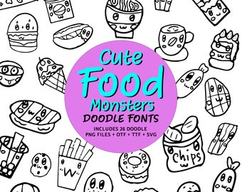 Cute Food Monsters Doodle Fonts, Instant File otf, ttf Font Download, Digital Font Bundle, 26 png Fonts, Clipart Pack, A-Z Clip Art Set
