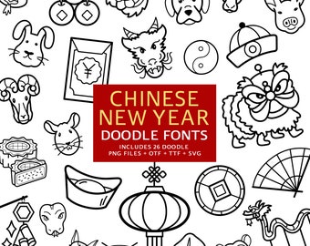 Chinese New Year Doodle Font Bundle: Zodiac Clipart (Digital Download)
