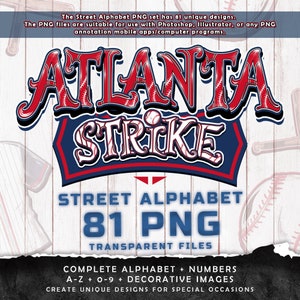 Carattere alfabeto graffiti "Atlanta Strike Street", 81 file PNG trasparenti, pacchetto clipart dalla A alla Z e da 0 a 9, tema carattere baseball, download digitali