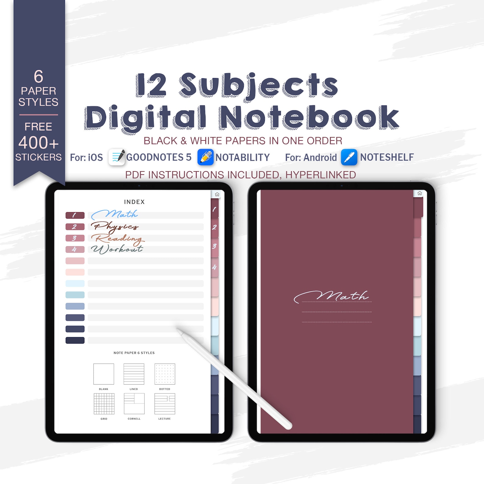 Personalized Digital Notebook, Custom 12 Subjects Digital Notepad