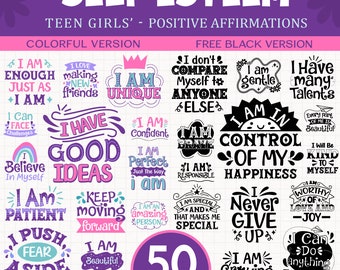 Op de afbeelding: Een set van 20 positieve affirmaties voor tienermeisjes, in kleur en zwart-wit. De citaten zijn in verschillende lettertypen en stijlen, en bevatten zinnen als "Ik ben uniek", "Ik ben dapper" en "Ik heb mijn geluk onder controle".