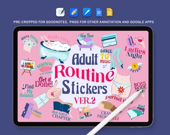 May include: A set of digital stickers for use in digital planners and note-taking apps. The stickers feature illustrations of activities and events, such as "Bath Time", "Nap Time", "Ladies Night", "Payday", "Boss Mode", "Clean Fridge", "One More Chapter", "Car Wash", "Cram From Hell", and "Make Bed". The stickers are in a pink, white, and blue colour scheme.