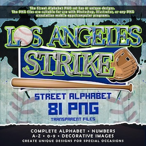 Los Angeles Strike Graffiti Street アルファベットフォント、81個のPNG透明ファイル、A～Zと0～9のクリップアートパック、野球フォント、デジタルダウンロード