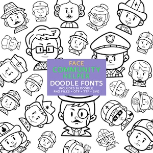 Face Community Helper doodle-lettertypen, instant-bestand otf, ttf-lettertype downloaden, lettertypebundel, 26 png- en SVG-lettertypen, clipartpakket, AZ-clipartset
