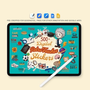 Retro Teacher Sticker Pack, 500+ png Digital Planner Stickers, Pre-Cropped Goodnotes iPad and Android Stickers, Notability Journal Stickers