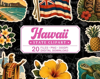 Hawaii Vintage Travel Clipart, Waikiki Beach, Diamond Head, Na Pali Coast, Tropical Island, Volcanoes National Park PNG Bundle