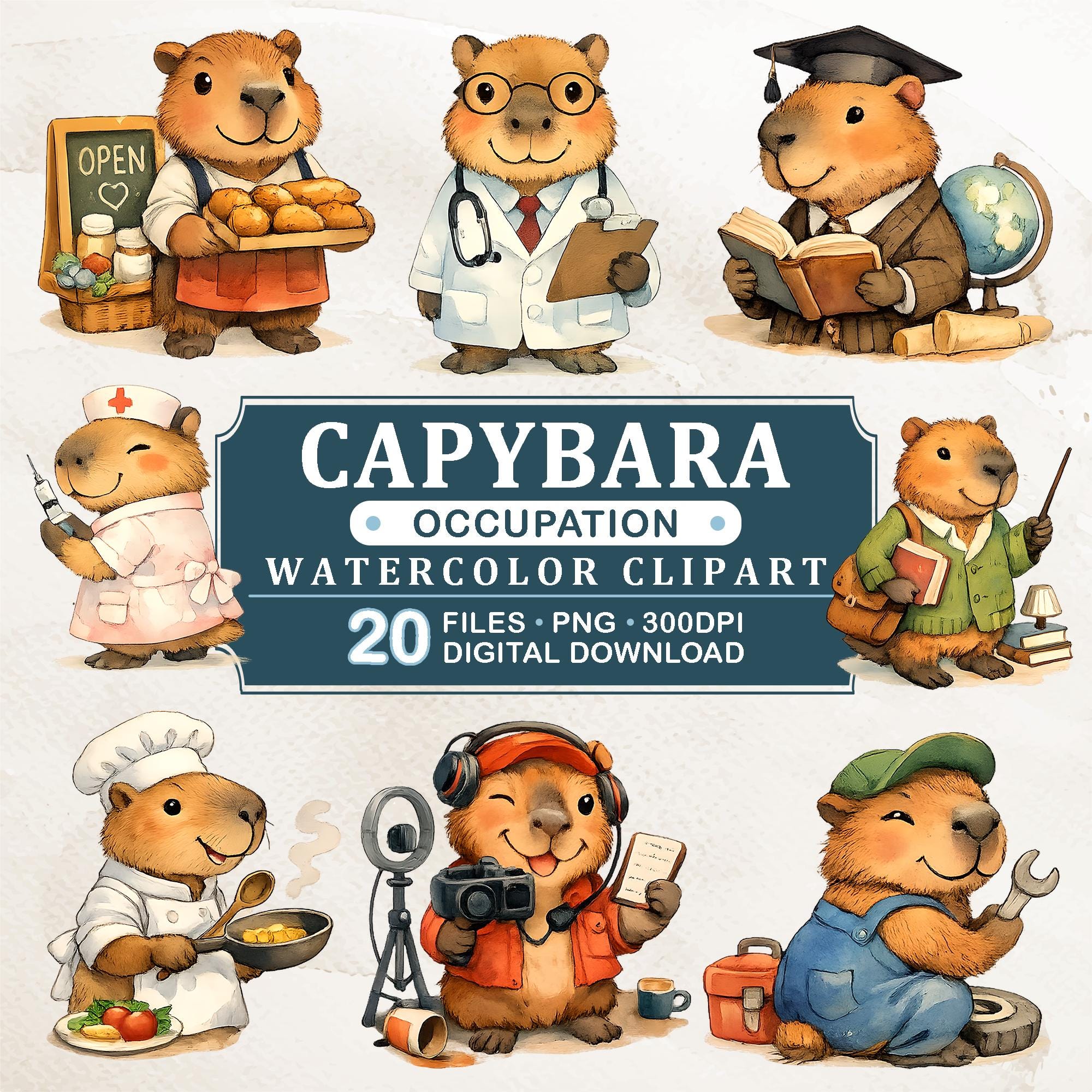 Capybara Occupation Watercolor Clipart, 20 PNG Cute Animal Jobs ...