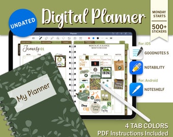 Green Undated Digital Planner: Goodnotes, Notability, iPad, Android (PDF)