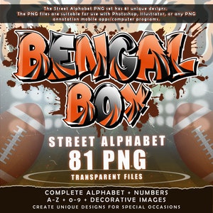 Czcionka alfabetu ulicznego Bengal Boy Graffiti, 81 przezroczystych plików PNG, pakiet clipartów A-Z i 0-9, czcionki futbolu amerykańskiego, pliki do pobrania w wersji cyfrowej