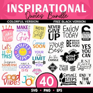 Paquete SVG de citas inspiradoras, versión colorida y negra, PNG motivacional, palabras positivas, diseños de sublimación, descargas digitales