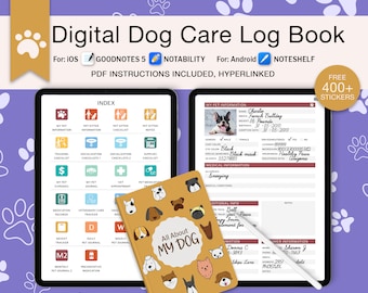 May include: A digital dog care log book for Goodnotes 5, Notability, and Noteshelf. The cover features a yellow and orange notebook with a cartoon dog design and the text "All About My Dog". The book includes a variety of sections for tracking your dog's information, including medical records, training, socialization, and more.