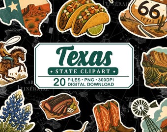 Texas Vintage Travel Clipart, Lone Star Flag, Cowboy Boots, Rodeo, BBQ, Big Bend National Park, Western Retro PNG Illustration Set