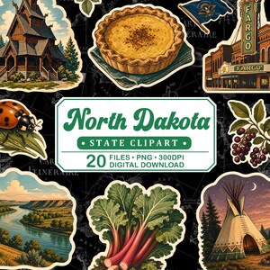 Può includere: Una collezione digitale di clipart dello stato del North Dakota con 20 file PNG. Le immagini includono una chiesa in legno, una torta alla crema, il teatro Fargo, una coccinella, ciliegie a grappolo, un paesaggio fluviale, rabarbaro e un tepee.
