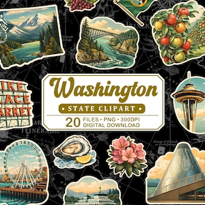 May include: A collection of colorful Washington State clipart stickers on a black map background. The stickers feature landmarks like the Space Needle, a ferry, and a bridge. The central sticker reads "Washington State Clipart".
