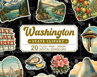 Washington Vintage Travel Clipart, Space Needle, Mount Rainier, Orca Whale, Seattle Retro PNG Illustration Set