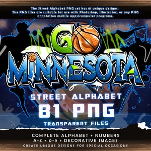 Go Minnesota Graffiti Street Alphabet Font, 81 file PNG trasparenti, pacchetto clipart dalla A alla Z e da 0 a 9, basket americano, download digitali