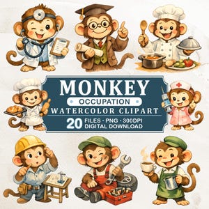 May include: A collection of watercolour clipart featuring cartoon monkeys in different professions, such as a doctor, professor, chef, nurse, construction worker, mechanic, and barista. The image includes the text "MONKEY OCCUPATION WATERCOLOR CLIPART".