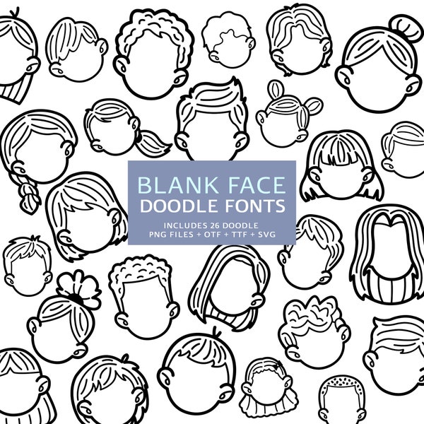 Polices de Doodle visage vierge, fichier instantané otf, téléchargement de polices ttf, lot de polices numériques, 26 polices png, pack de cliparts visages personnages, clipart de A à Z